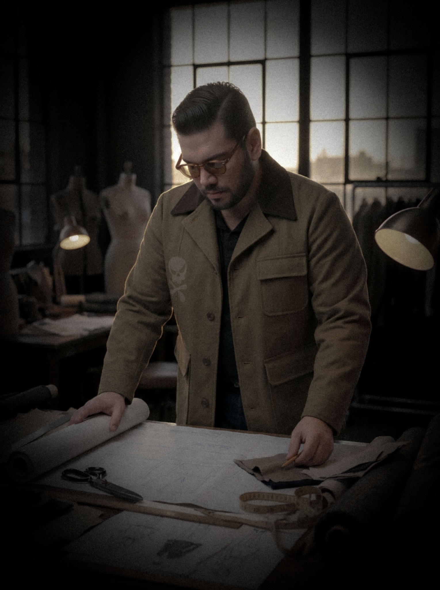 M.J., designer behind SKULLBY, considering fabric at the worktable