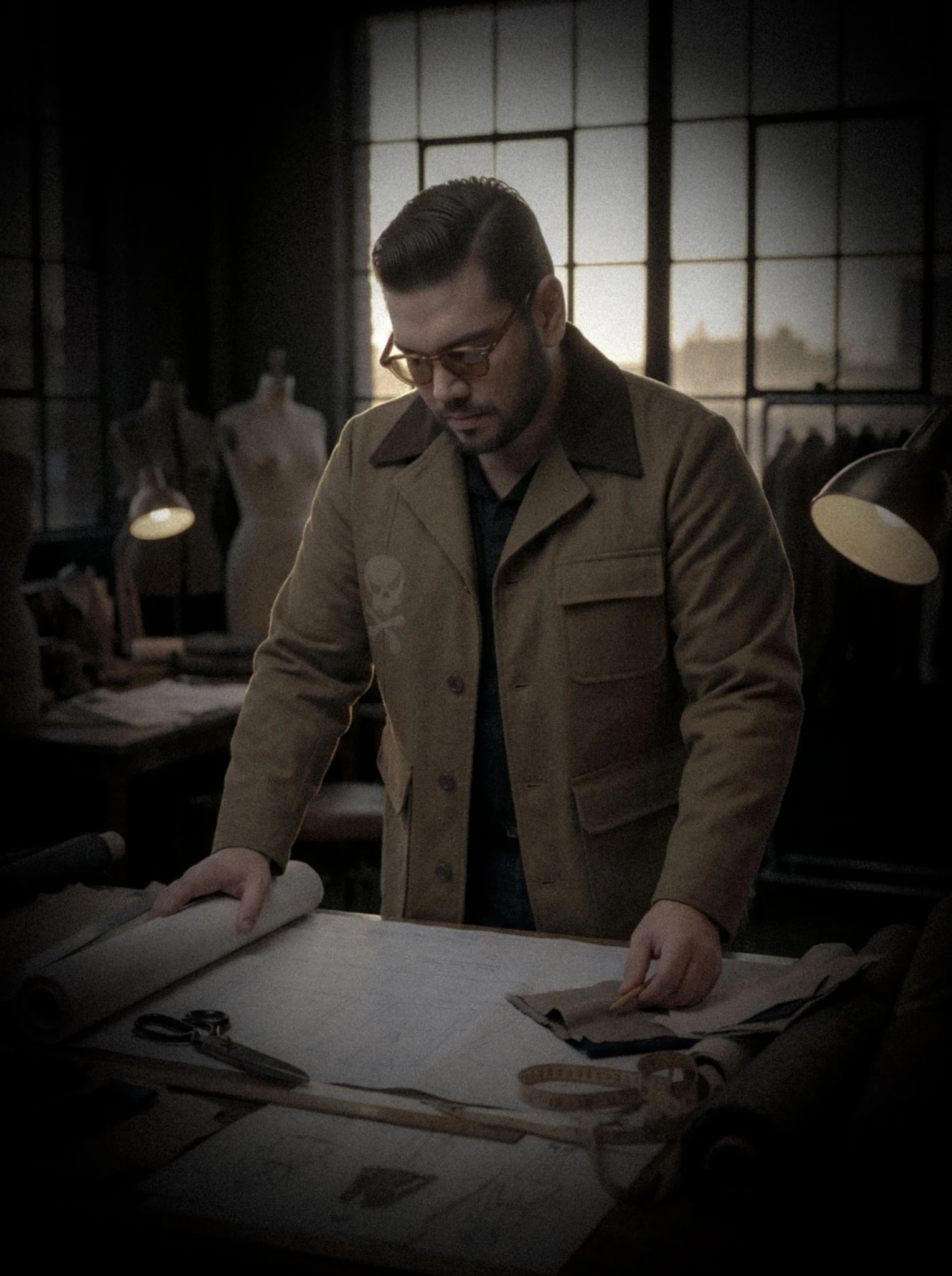 M.J. at a design worktable with patterns and fabric, SKULLBY editorial photograph