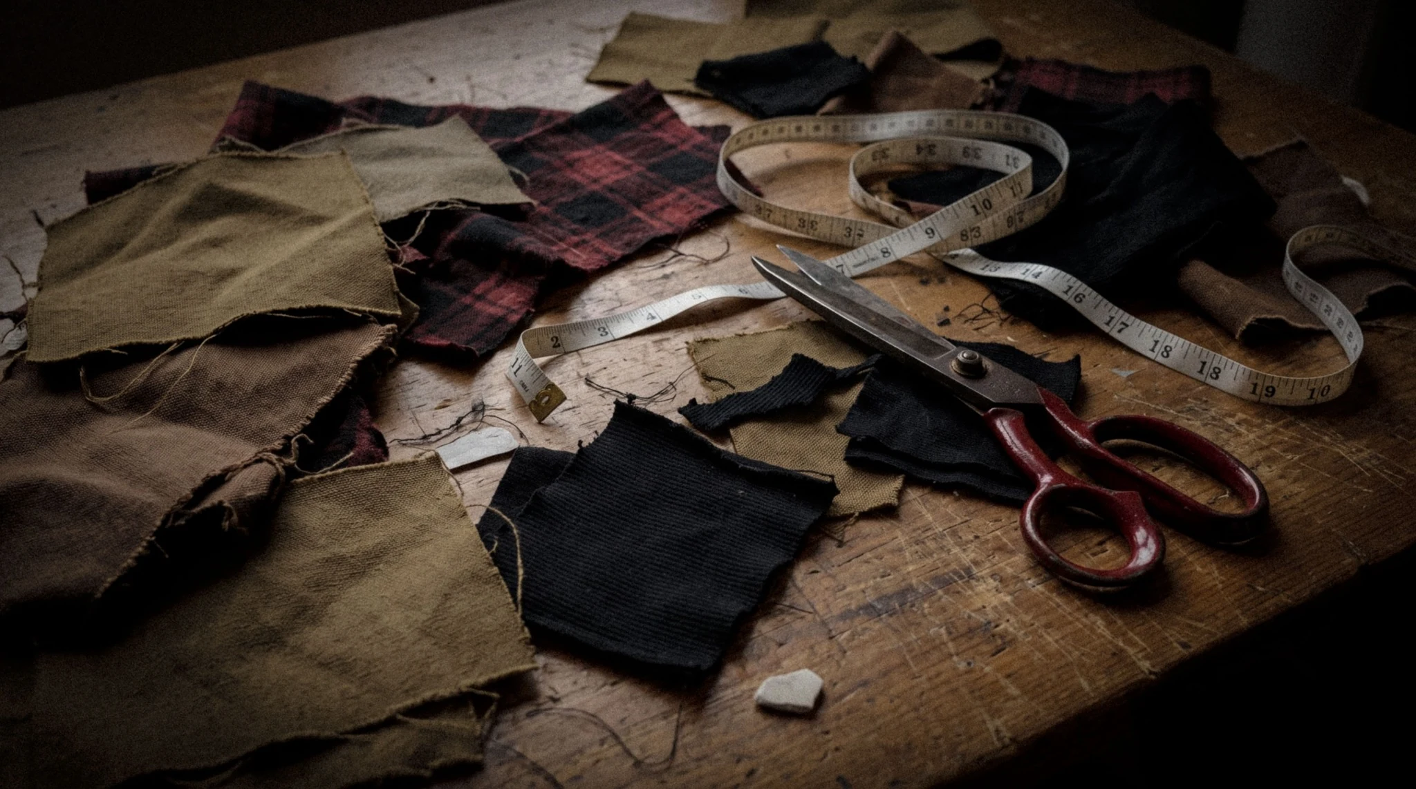 Design table with fabric swatches, measuring tape and shears